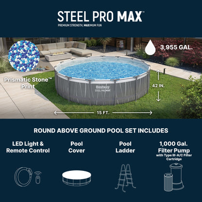 Bestway Steel Pro MAX 15' x 42" Round Above Ground Pool Set with LED L